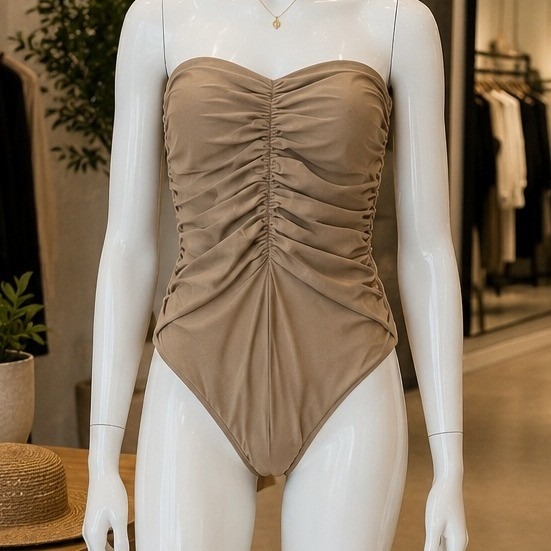 Jade Swim Womens One Piece Ruched Strapless Swimsuit Taupe Xs